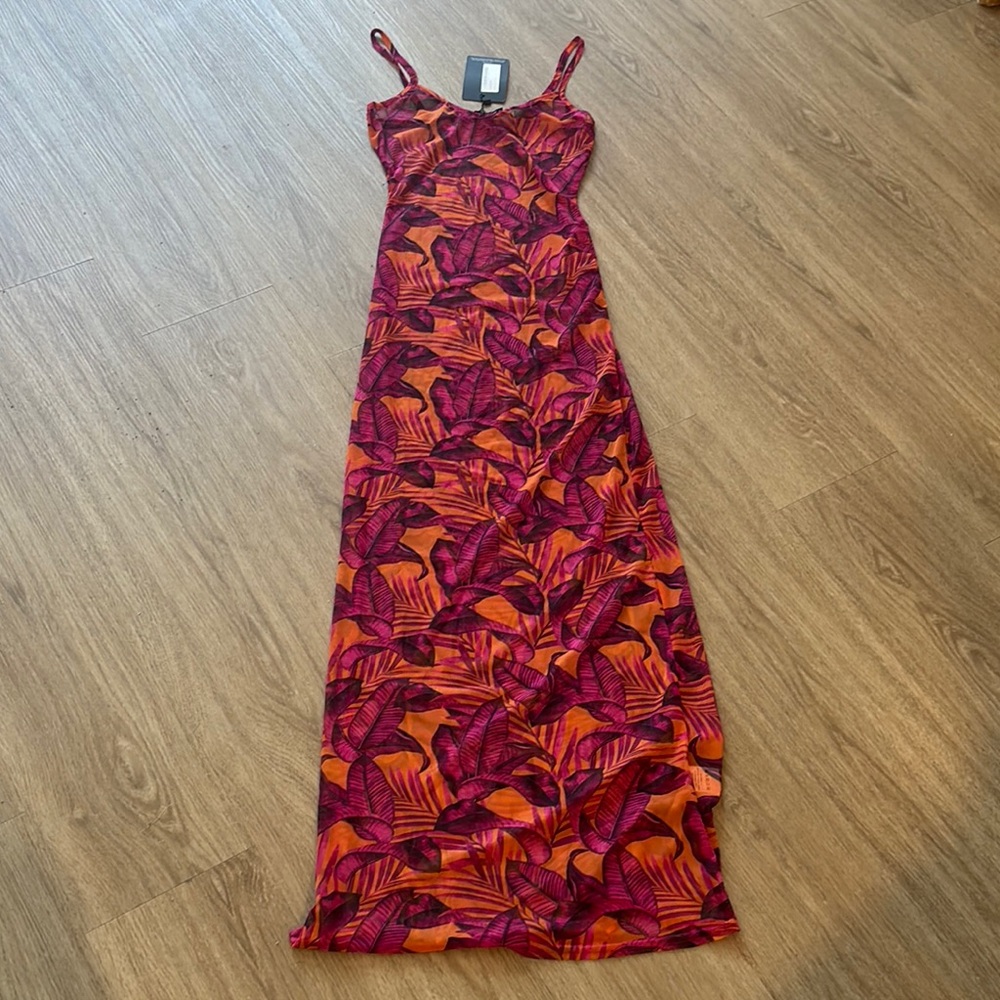 NWT PrettyLittleThing Vibrant Pink and Orange Leaf Print Mesh Beach Dress